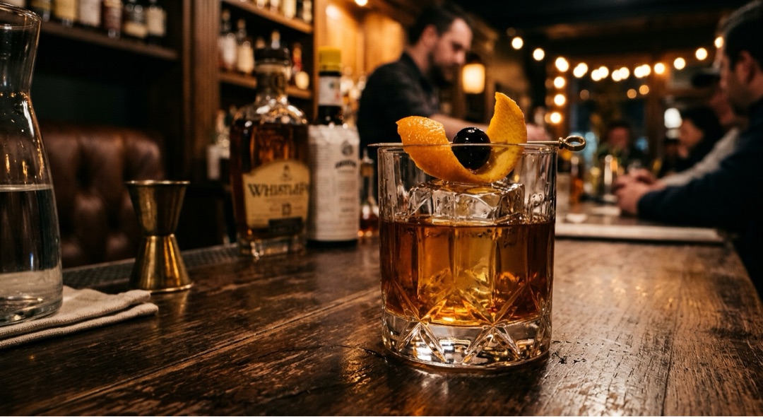 Handcrafted old fashioned cocktail with orange peel garnish on a dark wood bar